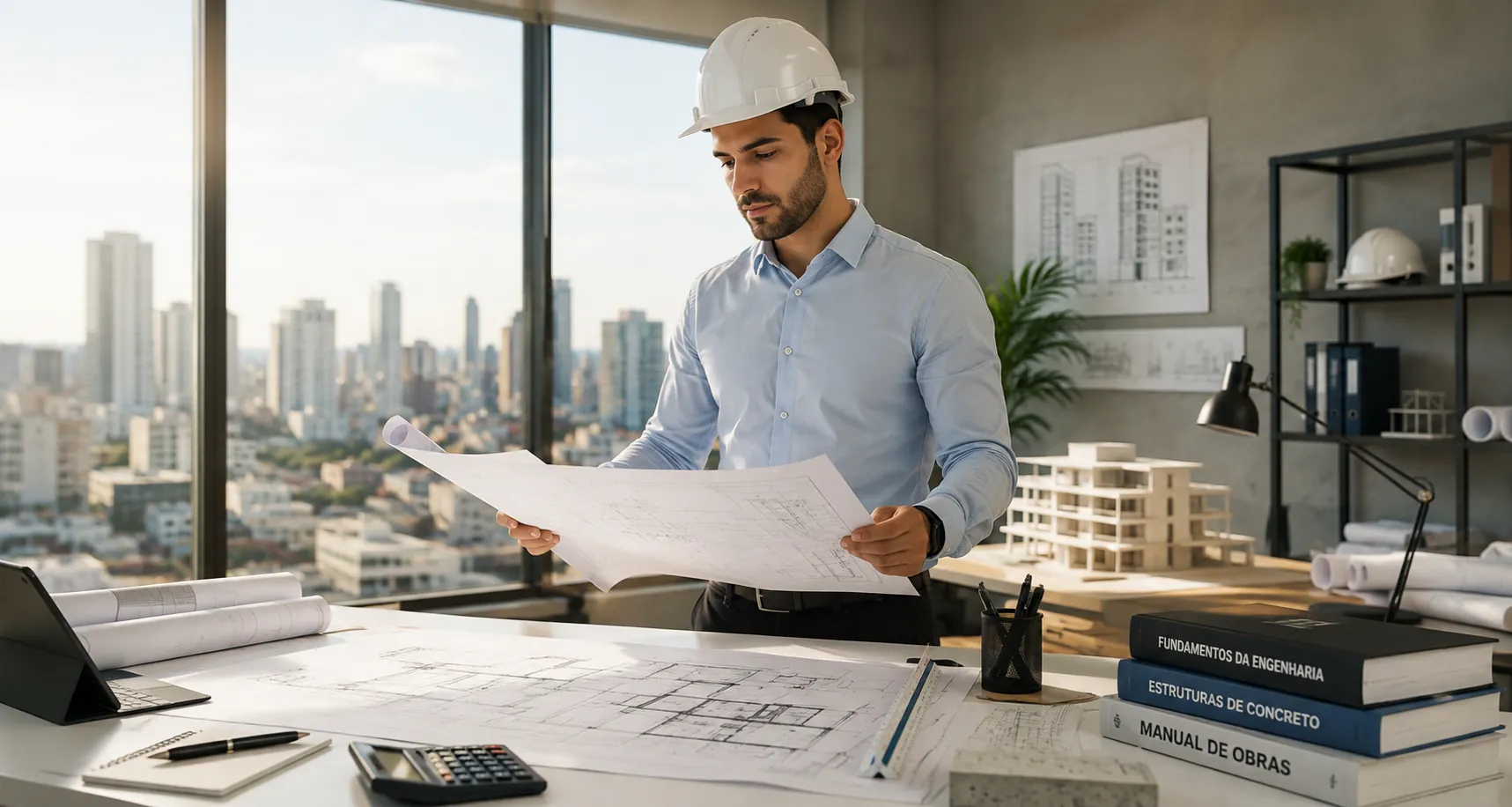 Engenheiro analisando o projeto impresso sobre a mesa de trabalho, com plantas, maquete e livros técnicos